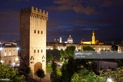 Porta San Niccolo, Duomo, Campanile and Santa Croce illuminated at dusk, Florence, Italy